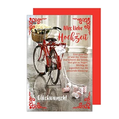 Abbildung von Edition Seidel Premium Glückwunschkarte zur Hochzeit mit Prägung und Umschlag. Karte Spruch Hochzeitskarte Grusskarte rotes Fahrrad Just Married (H425 SW022)
