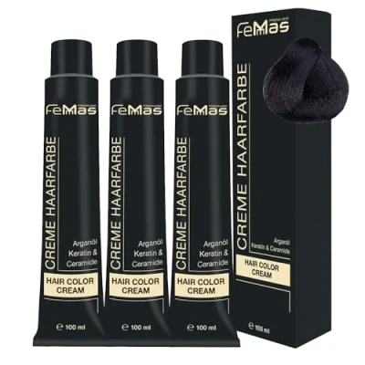 Abbildung von FemMas Haarfarbe 3x Schwarzbraun 2 I Professionelle Creme mit Arganöl, Keratin &amp; Ceramiden Als dauerhafte Haarfärbung oder Tönung für strahlende, haltbare Farbergebnisse 100 ml