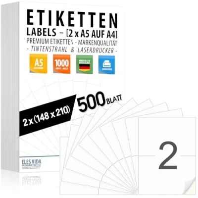 Abbildung von Selbstklebende DIN A5 Etiketten (2 pro A4 Bogen) 210 x 148 mm, bedruckbar, matt weiß, Für Inkjet und Laserdruckern, Aufkleber, viele Bereiche MADE IN GERMANY 500 Blatt (1000 Labels)