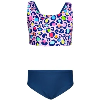 Abbildung von Aquarti Mädchen Sport Bikini Racerback Bustier &amp; Bikinislip, Farbe: Leopardenmuster Rosa Pink Lila Dunkelblau, Größe: 170
