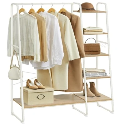 Abbildung von VASAGLE Kleiderständer, Garderobenständer, 45 x 120 160 cm Garderobe, Kleiderstange, Schuhablage, offener Kleiderschrank, 6 Haken abnehmbar, Schlafzimmer Flur, eichenfarben mattweiß RGR116W09
