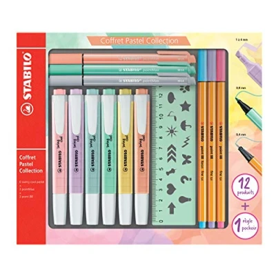 Abbildung von Stifte Set STABILO Pastell Collection 12 in Pastellfarben 6x Textmarker, 3x Filzschreiber, Fineliner und 1x Schablonenlineal
