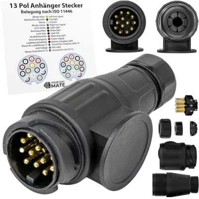 Abbildung von 13 poliger Stecker, universal für Anhänger Stromversorgung, Schraubkontakt nach ISO 11446, 12 V Hänger Systeme, mit Dichtung, Steckanschluss PIN, Stecker Adapter Hänger, Pol