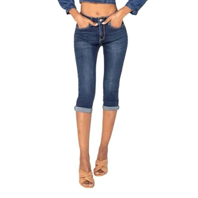 Abbildung von Nina Carter P132 Damen Capri Skinny Fit Jeanshosen HIGH Waist Jeans Used Look Waschungseffekt, Dunkelblau (P132 1), L