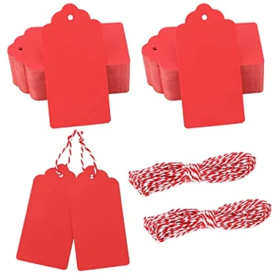 Abbildung von jijAcraft 100 Stück Geschenkanhänger, Groß Kraftpapier Anhänger Etiketten 5 x 10 CM, Anhängeetiketten mit Juteschnur, für Geschenkverpackung, Hochzeit, Lesezeichen, Weihnachten (Rot)