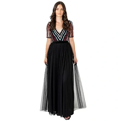 Abbildung von Maya Deluxe Damen Maxi kjole til kvinder damer kugle gæt bryllup gæst lang V hals imperium talje kortæ Formales Kleid, Schwarz, 38 EU
