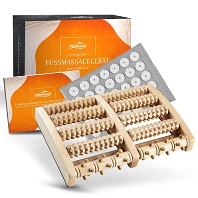 Abbildung von ALPENHAUCH Fußmassageroller aus Echtholz mit Akupressurmatte Vitalisierendes Fussmassagegerät Noppen Stimulierender Fußmassage Roller für Fersensporn &amp; Plantarfasziitis