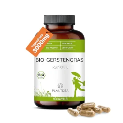 Abbildung von Bio Gerstengras Kapseln I 3000mg Tagesdosis 180 hochdosiert laborgeprüft Pulver veganes Präparat Ohne Zusätze PlantDEA