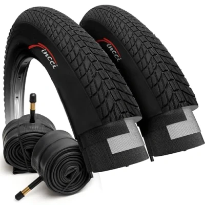 Abbildung von Fincci Fahrradreifen 20 Zoll Set BMX Reifen x 1.75 mit Fahrradschlauch Schrader Autoventil Ventil 48 mm, FahrradMantel 47 406 für Kinder Fahrrad, MTB Bike 2er Pack