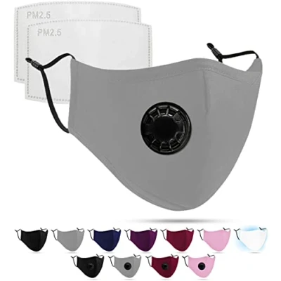 Abbildung von Luftty Maske mit Ventil, verstellbaren Ohrschlaufen und Nasensteg grau Stoffmaske Filter Behelfs Mundschutz waschbar
