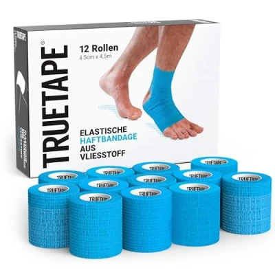 Abbildung von TRUETAPE Haftbandage Selbstklebender Verband I 12 Rollen Verbandsmaterial in vier Farben à 5cm x 4,5m Selbsthaftende elastische Bandage Fixierbinde (Blau)