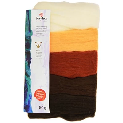 Abbildung von RAYHER HOBBY 5365400 Filzwolle, Merinowolle, 18 mic, 5 Farben, Braun Töne, 100% Schafschurwolle, 50g