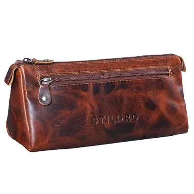 Abbildung von STILORD &#039;Alexis&#039; Vintage Leder Etui Stiftemappe mit 2 Fächern und Reißverschluss Federtasche Federmäppchen Schlampermäppchen Echtes Leder, Farbe:Milano braun