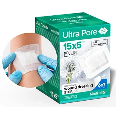 Abbildung von Medrull Wundverband Steril 6x7 cm 75 Stück Einzeln verpackt Ultra Pore SOFT Wundpflaster Starke Klebekraft Schützt bei Schnittwunden Kratzern