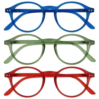 Abbildung von OPULIZE REY Lesebrille 3er Pack Runder Retro Rahmen Mattblau, Grün, Rot Herren Damen Federscharniere RRR56 36Z +3.50