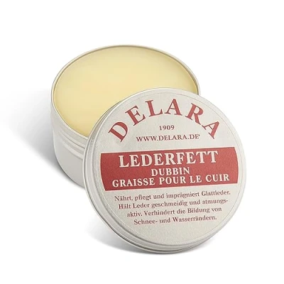Abbildung von DELARA Hochwertiges Lederfett, nährt, imprägniert und pflegt Schuhe, Taschen, Reitsättel Möbel aus Leder, Dose mit 100 ml, farblos Made in Germany
