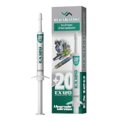 Abbildung von XADO Additiv EX120 mit Revitalizant® für alle Typen von Kraftstoffeinspritzgeräten und Systemen zur Reparatur Verschleiß Schutz