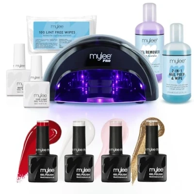 Abbildung von Mylee Komplett Professionell Gel Nagellack Kit, 4x Farben, Top &amp; Base Coat, PRO Convex Curing LED Lampe, Prep Wipe Lösung, Remover, 100x Fusselfreie Tücher (Weihnachten)