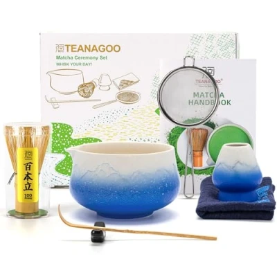 Abbildung von TEANAGOO 7 Stück Matcha Set,Matcha Besen,Blaues Set, Schale mit Ausgießer,Matcha Tee Set für die Zubereitung von Milchkaffee,Matcha Besen und löffel &amp; Sieb