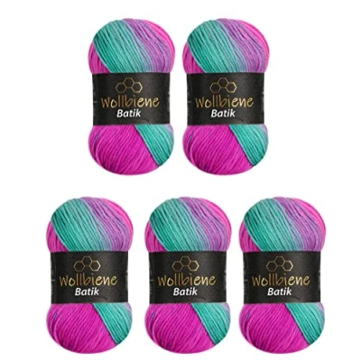 Abbildung von 5 x 100g Wollbiene Batik 500 Gramm Wolle mit Farbverlauf mehrfarbig Multicolor Strickwolle Häkelwolle (2040 pink grün)