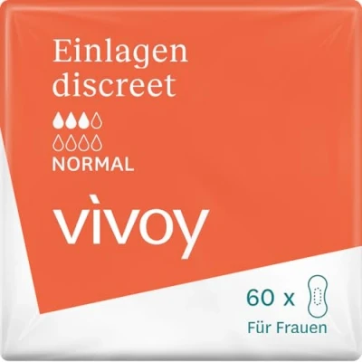 Abbildung von Vivoy Discreet Normal 60 Einlagen im Monatspaket (6 x 10 Stück) bei mittlerer Blasenschwäche und Inkontinenz Hygieneeinlagen für Frauen einzeln verpackt (Normal)