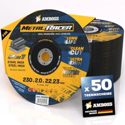 Abbildung von 50x Metall Trennscheibe Ø 230 x 2 22.23mm Die Metalltrennscheibe Metal Racer by AMBOSS WERKZEUGE ist geeignet für Stahl &amp; Edelstahl, Stahl/Inox passend Winkelschleifer