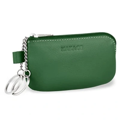 Abbildung von MANAGE Leder Schlüsseletui Grün mit Münzfach und Schlüsselring Schlüsselmäppchen Reißverschluss Damen Herren für Schlüssel Autoschlüssel keychain Schlüsseltasche