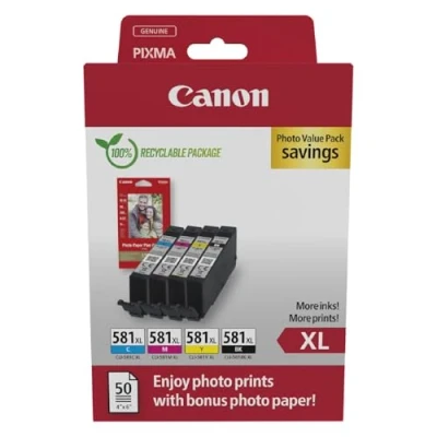Abbildung von Canon CLI 581 XL C M Y BK Vorteilspack 4 Tintenpatronen größere Reichweite (Schwarz XL, Cyan Magenta Gelb XL) Original [Umweltfreundliche Recycle Kartonverpackung 2024]