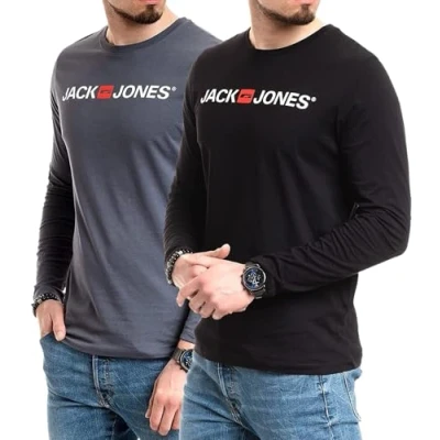 Abbildung von JACK &amp; JONES Herren Langarmshirt aus Baumwolle Longsleeve Männer T Shirt mit Langen Ärmeln (LS Doppelmix 10 M)(Doppelmix Corp L/S Black/Corp Slate M)