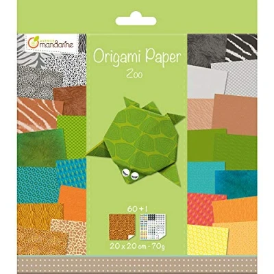 Abbildung von Avenue Mandarine 52504MD Origami color Papier (quadratisch, 20 x cm, mit Faltanleitung, 60 verschiedenen Blätter und 1 Blatt Augenset, Zoo)