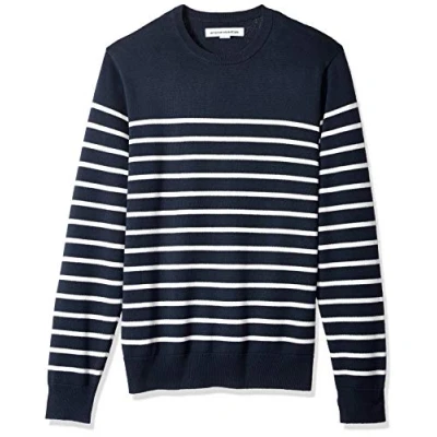 Abbildung von Amazon Essentials Herren Pullover mit Rundhalsausschnitt (in Übergrößen erhältlich), Dunkles Marineblau Weiß Streifen, M