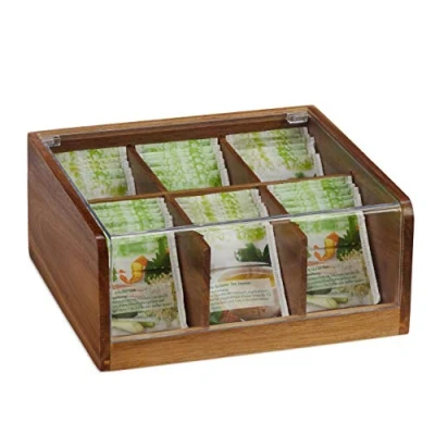 Abbildung von Relaxdays Teebox Holz, 6 Fächer, 90 Teebeutel, Teedose mit Klappdeckel, Aromaschutz, HxBxT 9,5 x 22 20,5 cm, natur, Dunkelbraun, Transparent
