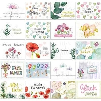 Abbildung von LifeDesign 20x Geburtstagskarten Postkarten Set Glückwunschkarten DIN A6 Grußkarten Set, Happy Birthday Karten, Geburtstagskarte Frau Mann, Kartenset Danke Karte Geburt, Jubiläum, Hochzeit, Taufe