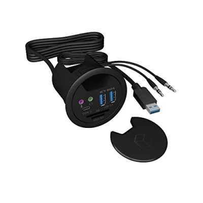 Abbildung von ICY BOX IB Hub1404A Tisch Hub (60 mm) zum Einbau, 3x USB 3.0 (2x Type A, 1x C), Kartenleser (SD/MicroSD), Audio Ein /Ausgang, Kabeldurchführung, Schwarz