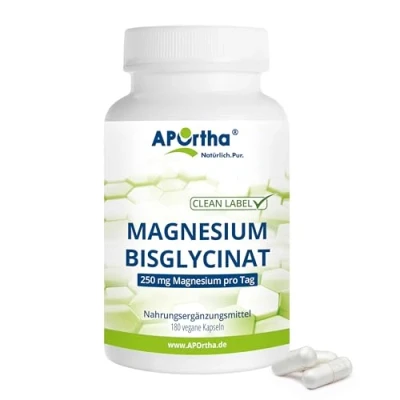 Abbildung von APOrtha® Magnesiumbisglycinat 180 Kapseln, 250 mg Magnesium pro Tagesverzehr für 60 Tage, Bisglycinat bekannt als Magnesiumglycinat, allergenfrei, glutenfrei, lactosefrei, vegan