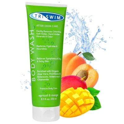 Abbildung von TRISWIM Duschgel Chlorentfernung nach dem Schwimmen, Feuchtigkeitsspendendes Anti Chlor Körperwäsche für Schwimmer, Sport Aprikose Mango, 250 ml