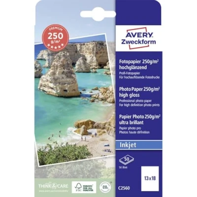 Abbildung von Avery Zweckform Art. C2560 Premium Inkjet Fotopapier (50 Blatt, 250 g/m², 13x18cm, hochglänzende Fotokarten, einseitig beschichtet, sofort trocken &amp; wischfest, Fotoblätter für Drucker) weiß