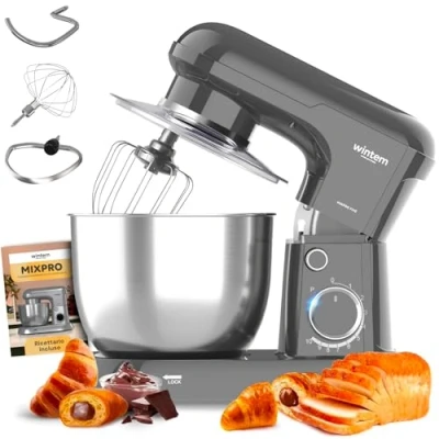 Abbildung von Avilia Knetmaschine Planetaria Silver 1500 W mit Schüssel 5 l aus Edelstahl leise 10 Geschwindigkeiten plus Pulse Funktion 3 Zubehörteile inklusive Haken für Teig, Schneebesen und Schläger