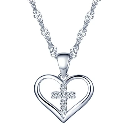Abbildung von Yumilok 925 Sterling Silber Zirkonia Kreuz im Herz Anhänger Halskette Kettenanhänger für Damen Mädchen