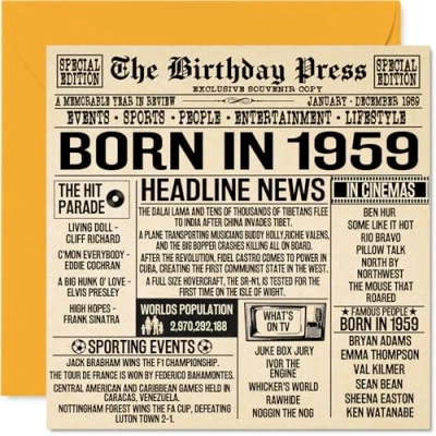 Abbildung von Geburtstagskarte zum 65. Geburtstag für Männer und Frauen Born in 1959 Zeitung Happy 65 Großvater, Oma, Vintage, Retro, Back 1959, 145 mm x mm, Grußkarten
