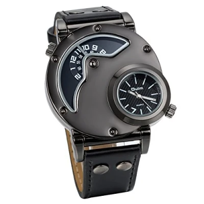 Abbildung von JewelryWe Herren Armbanduhr, Leder Legierung, Elegant Casual Analog Quarz Sportuhr Armband Uhr mit Zwei Anzeigetafeln, Schwarz Zifferblatt Vatertagsgeschenk