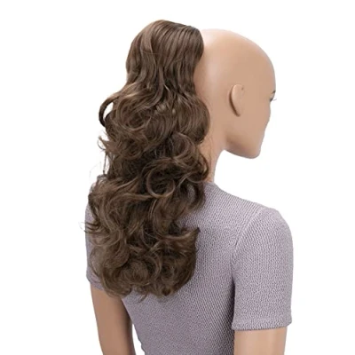 Abbildung von CAISHA 45cm Lang Haarteil Zopf Pferdeschwanz Haarverlängerung Mit Kordelverschluss Voluminös Gelockt Hellbraun PH23