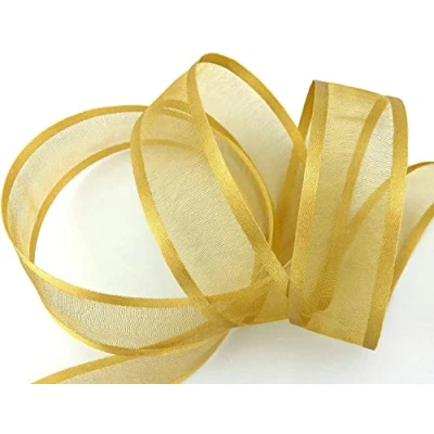 Abbildung von 25 m x mm Chiffonband mit Satin Kante GOLD (18) Beige Chiffon Dekoband Schleifenband Geschenkband Halbtransparent Glänzend ohne Draht Organza