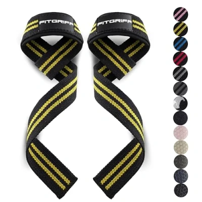 Abbildung von Fitgriff® Zughilfen (gepolstert) für Krafttraining, Bodybuilding, Fitness Kreuzheben Gurte Lifting Straps Frauen und Männer (Black/Yellow)