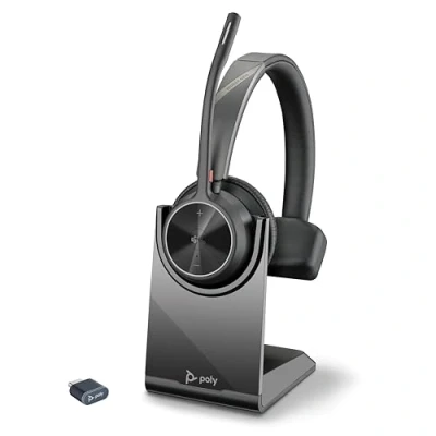 Abbildung von Poly Voyager 4310, schnurloses UC Headset und Ladestation Ein Ohr Bluetooth mit Noise Cancelling Mikrofonarm Verbindung PC/Mac/Mobiltelefon Kompatibel Teams (zertifiziert), Zoom