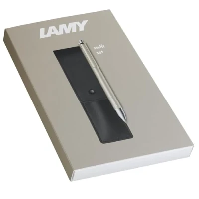 Abbildung von Lamy swift matt black Tintenroller Geschenk Set mit flüssigem Schreibgefühl Gehäuse aus Ganzmetall in Strichbreite B inkl. Tintenrollermine M 66 blau &amp; Echtleder Etui
