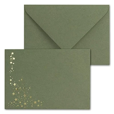 Abbildung von 25x Weihnachts Briefumschläge DIN C6 mit Gold Metallic geprägtem Sternenregen Farbe: Kraftpapier Grün Nassklebung, 120 g/m² 114 x 162 mm