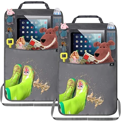 Abbildung von Termichy Rückenlehnenschutz Auto kinder,Auto Organizer,Organizer Rücksitz kinder, Wasserdichtes Plane Kick Matten Schutz für Autositz zurück mit große Aufbewahrungstasche (2 Stück,Grau)