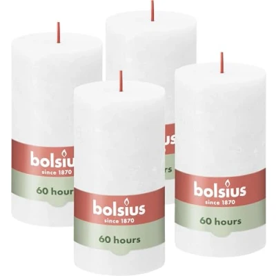 Abbildung von Bolsius Rustik Stumpenkerzen Weiß Set 4 Stück Länge Brenndauer 60 Stunden Unparfümierte Natürliches Pflanzenwachs Ohne Palmöl 13 x 7 cm
