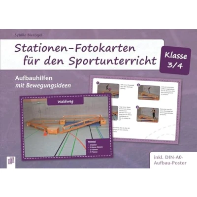 Abbildung von Stationen Fotokarten für den Sportunterricht Klasse 3/4: Aufbauhilfen mit Bewegungsideen